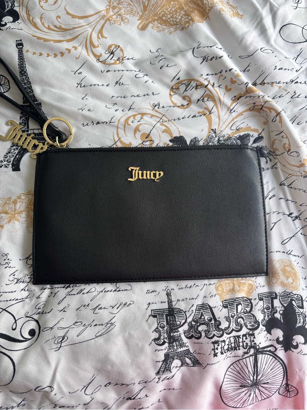 Juicy Couture Black Leather Wristlet with Gold Accent